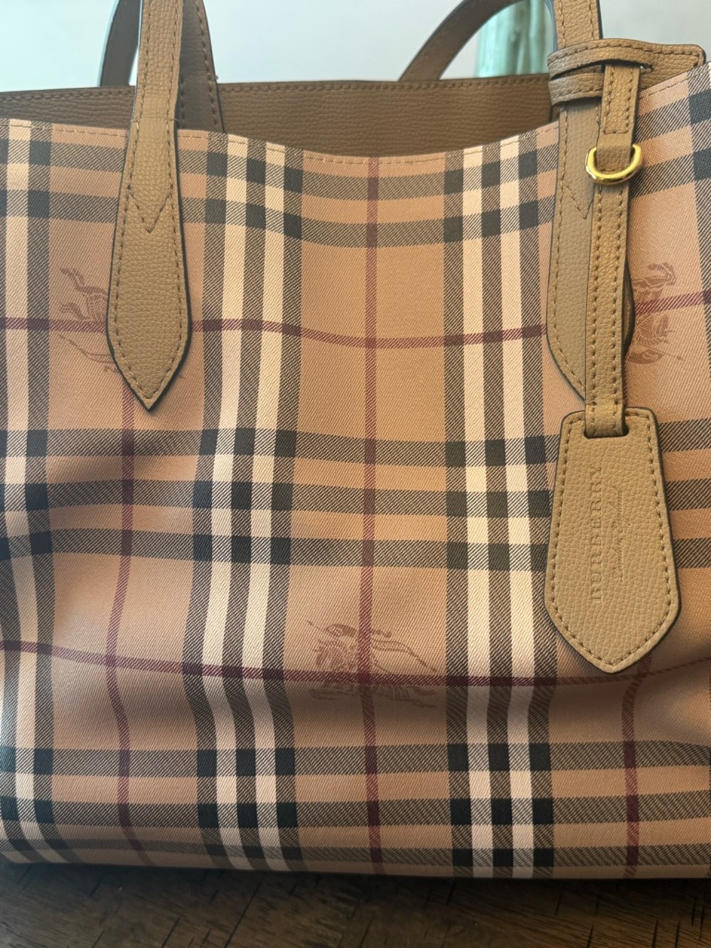 Authentic Burberry Tan Plaid Leather-Trim Tote (reversible tote) ❤️ - Picture 2 of 3